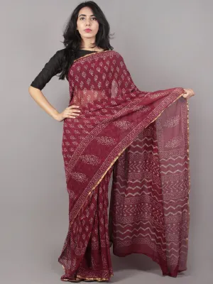 Maroon Pink Beige Hand Block Printed in Natural Colors Chiffon Saree - S031701664