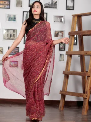 Maroon Yellow Green Hand Block Printed Chiffon Saree with Zari Border - S031702741