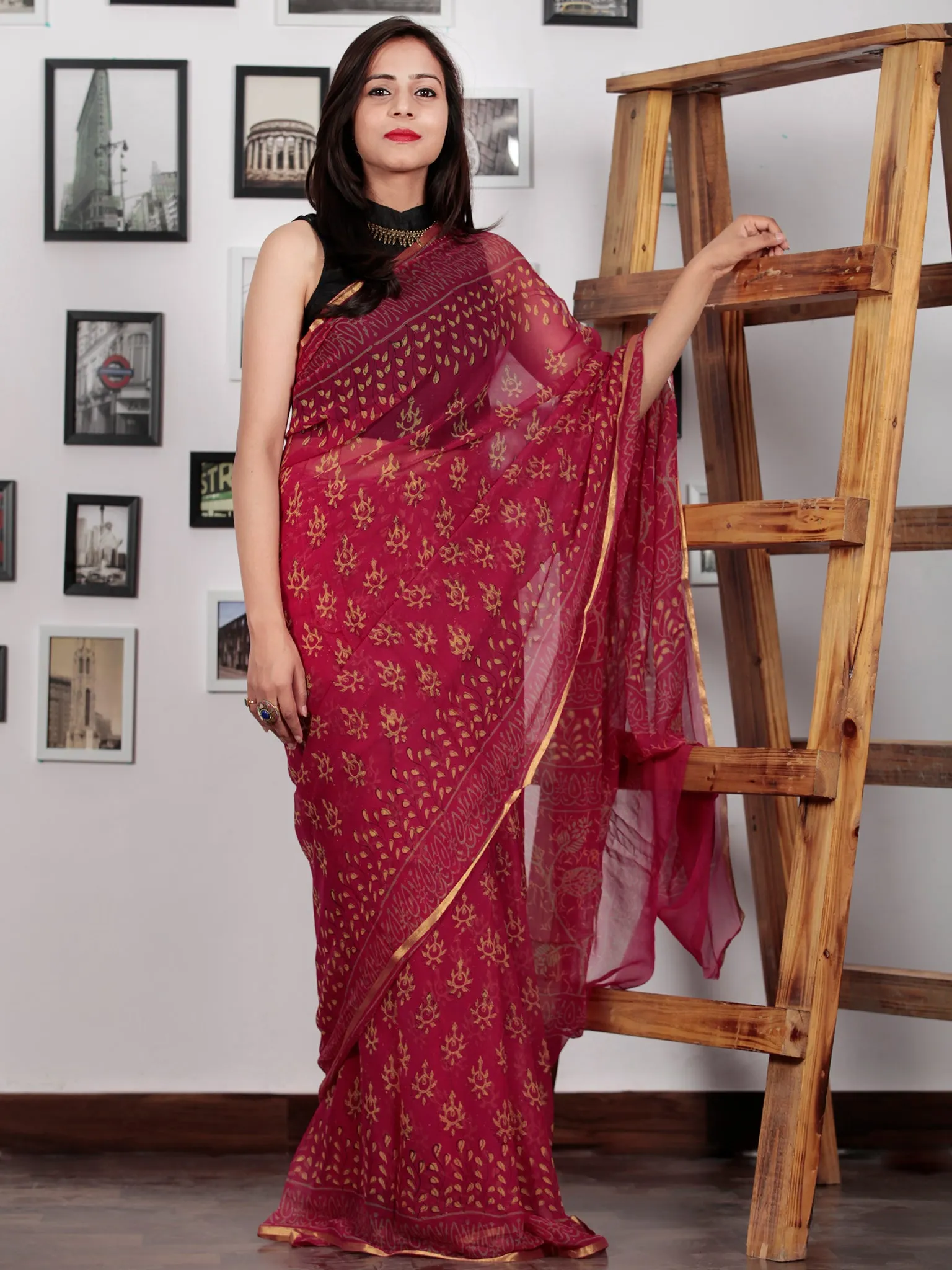 Maroon Yellow Hand Block Printed Chiffon Saree with Zari Border - S031702740