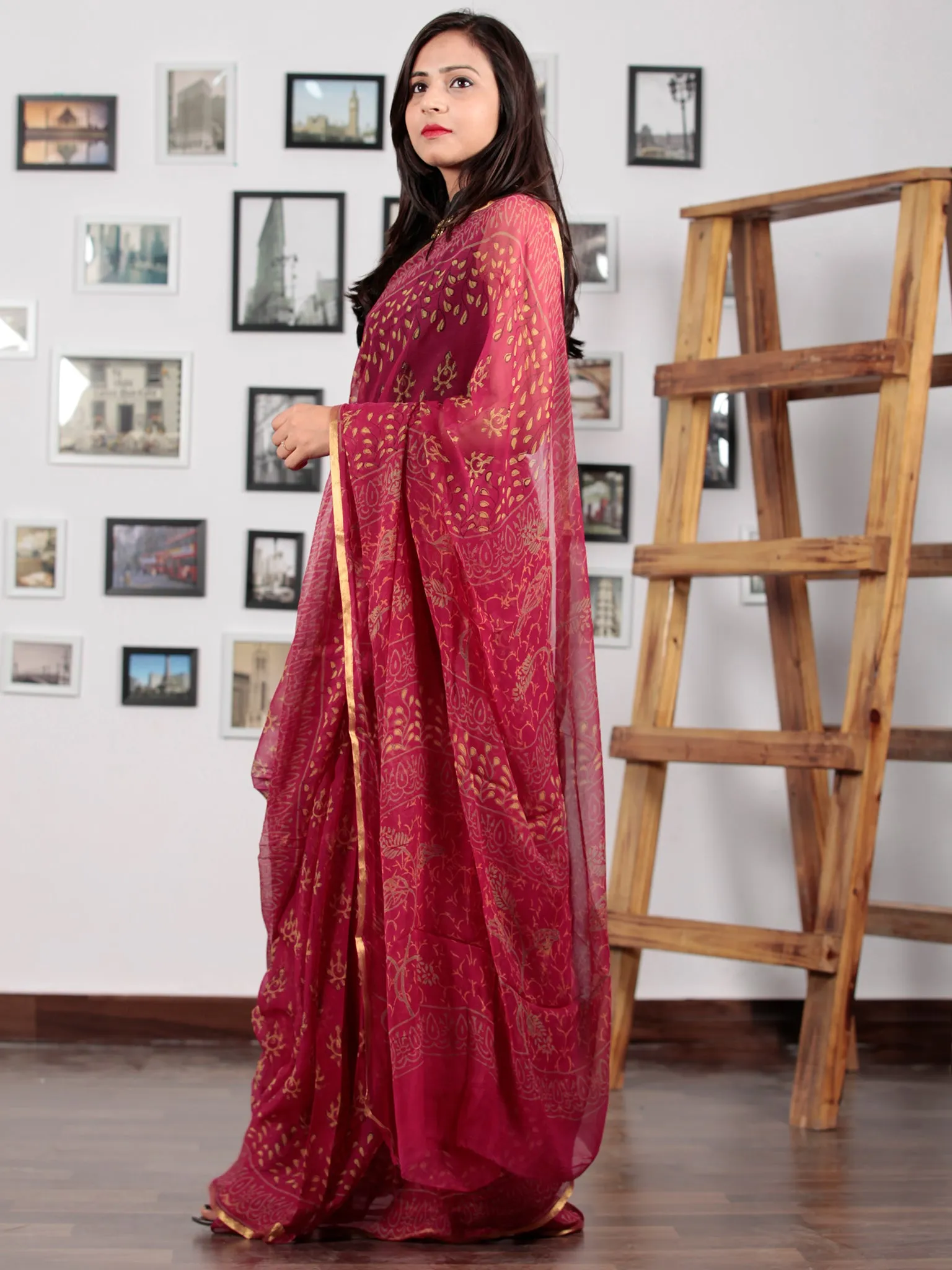 Maroon Yellow Hand Block Printed Chiffon Saree with Zari Border - S031702740