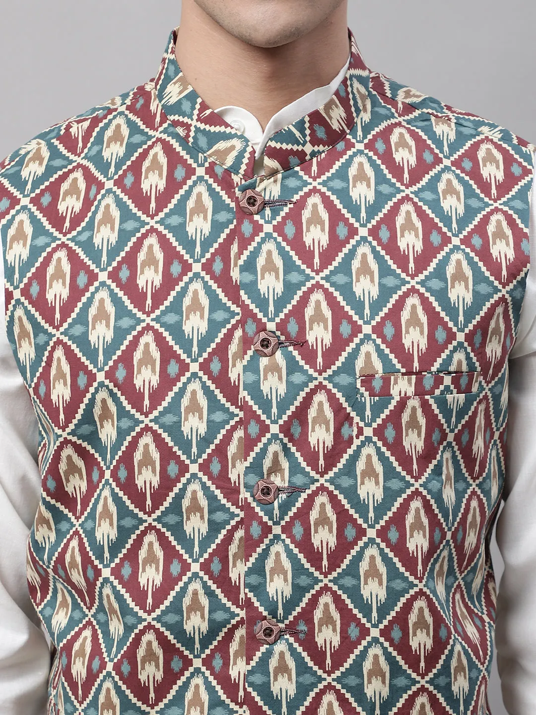 Men Teal and Maroon Printed Waistcoats