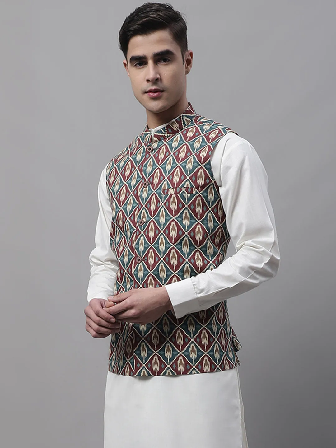 Men Teal and Maroon Printed Waistcoats