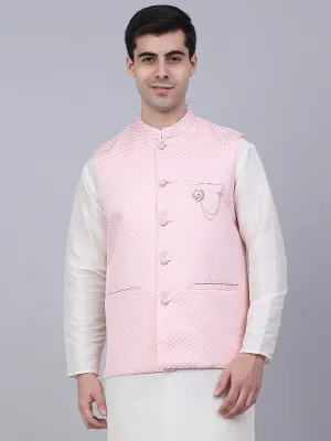 Men's Pink Woven Design Waistcoats