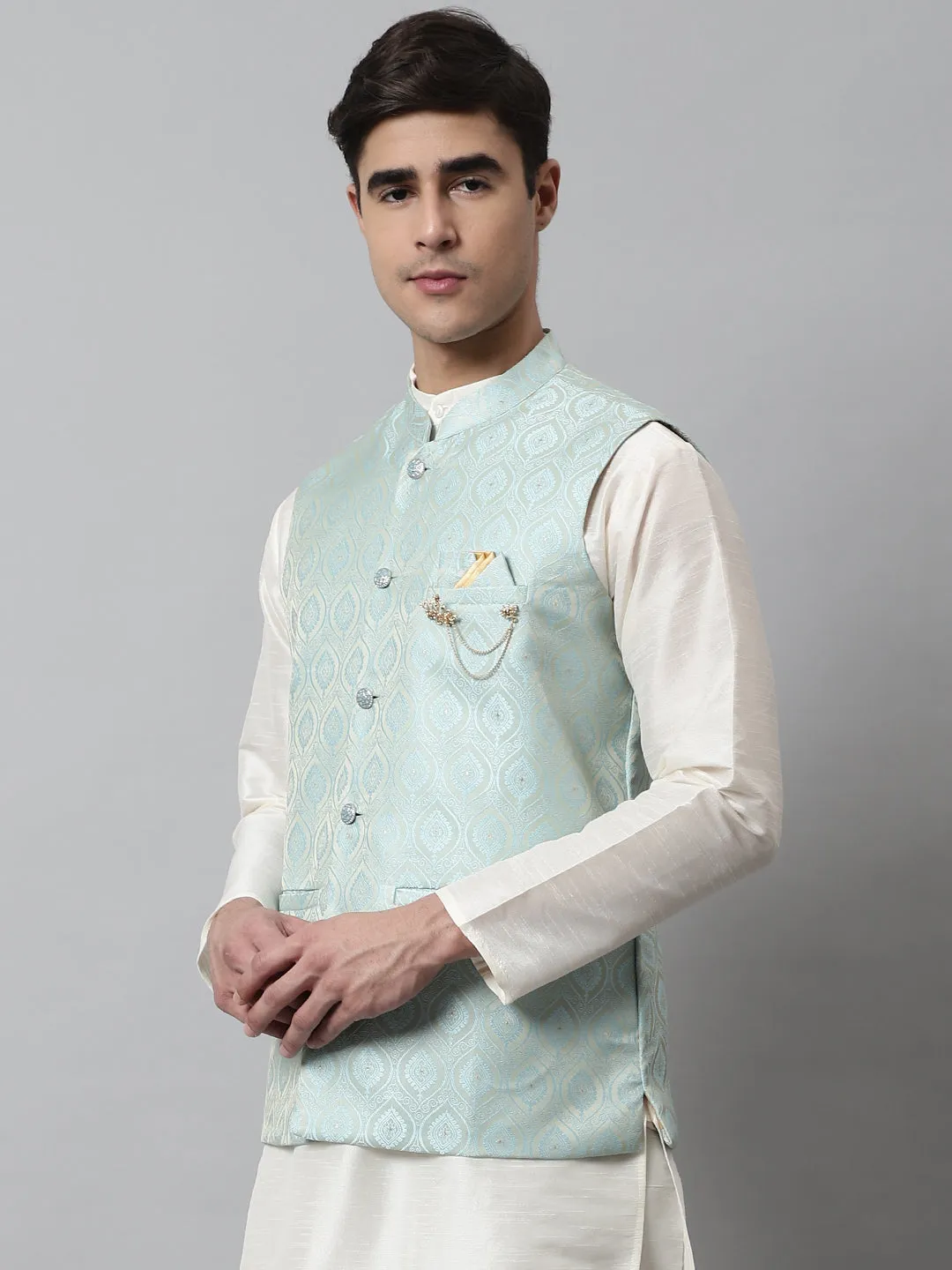 Men's Sky Blue Woven Design Waistcoats