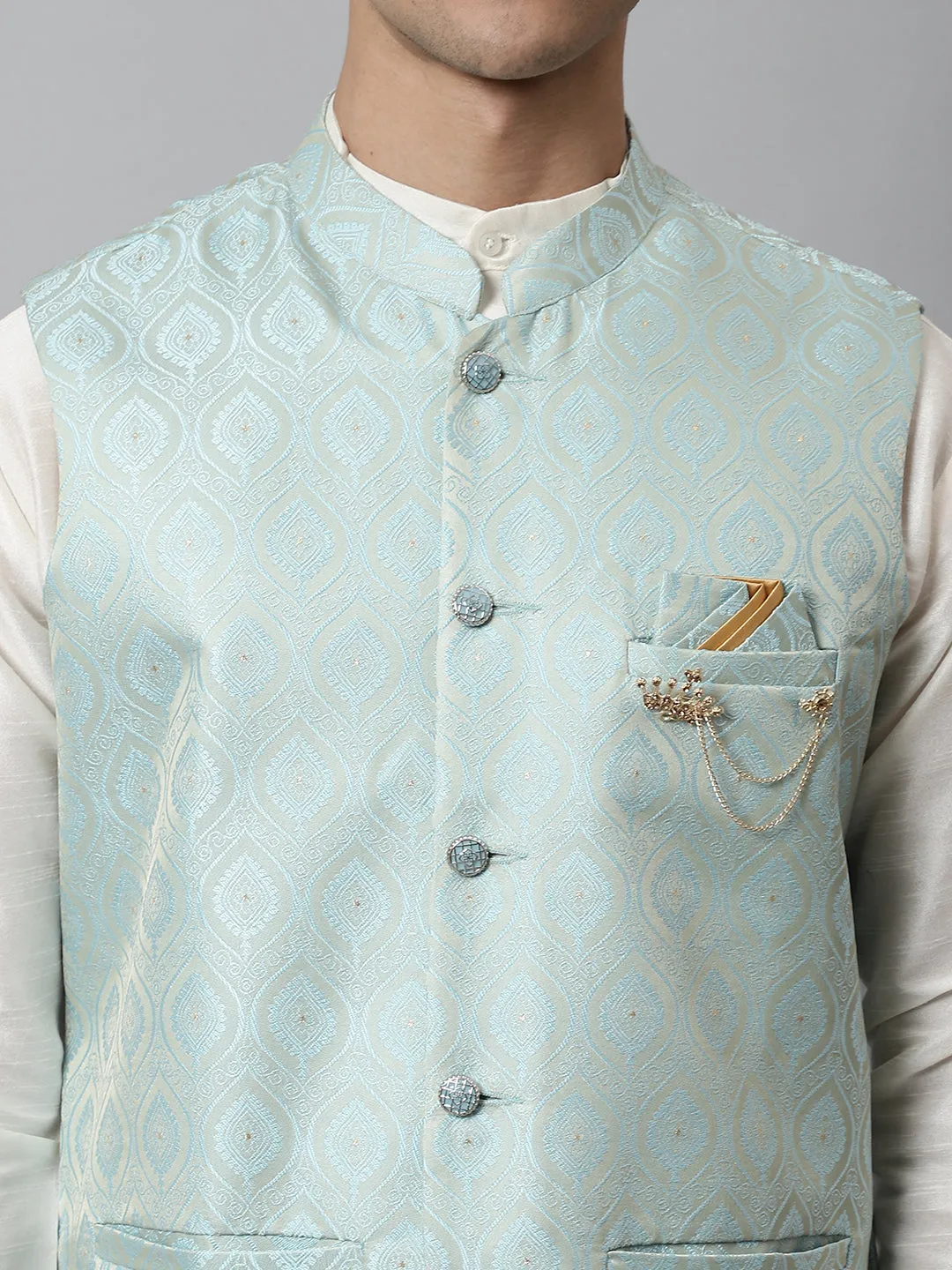 Men's Sky Blue Woven Design Waistcoats