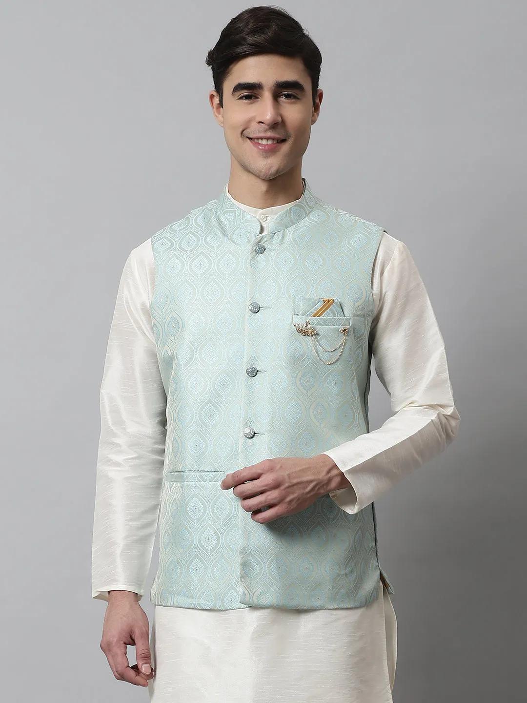 Men's Sky Blue Woven Design Waistcoats