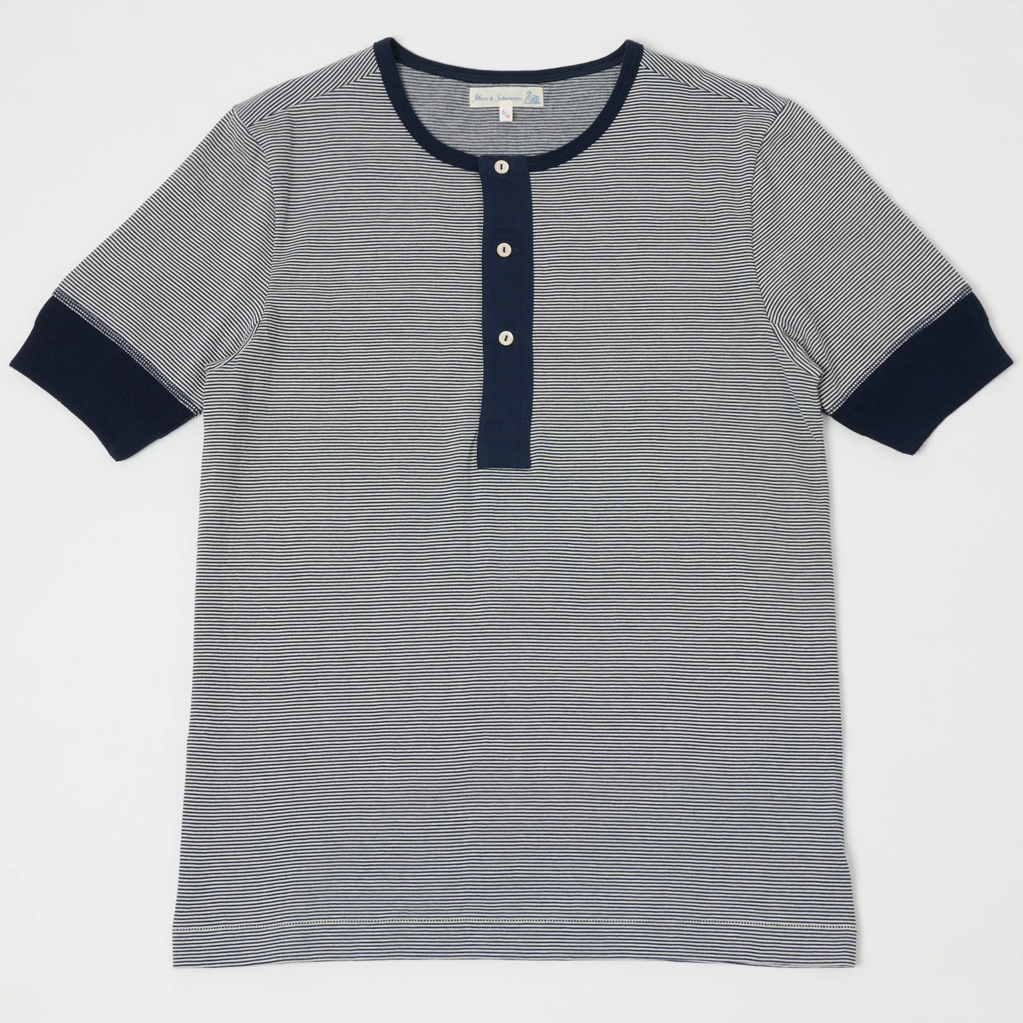 Merz b. Schwanen 227 Short Sleeve Henley - Ink Blue/Nature