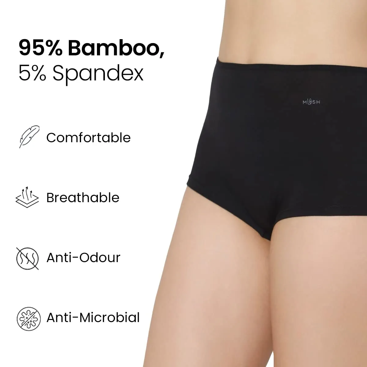 Mush Bamboo Boyshort Panties for Women | Ultra Soft Bamboo Underwear for Women | Breathable, Anti-Odor, Seamless & All Day Comfort Panties Pack of 3 (XL, Black)