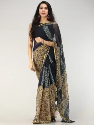 Navy Mustard Hand Block Printed Chiffon Saree with Zari Border - S031704557