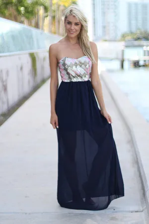 Navy Strapless Maxi Dress with Sequin Top