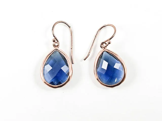 Nice Single Tear Drop Detailed Cut Sapphire Color CZ Pink Gold Tone Fish Hook Silver Earrings