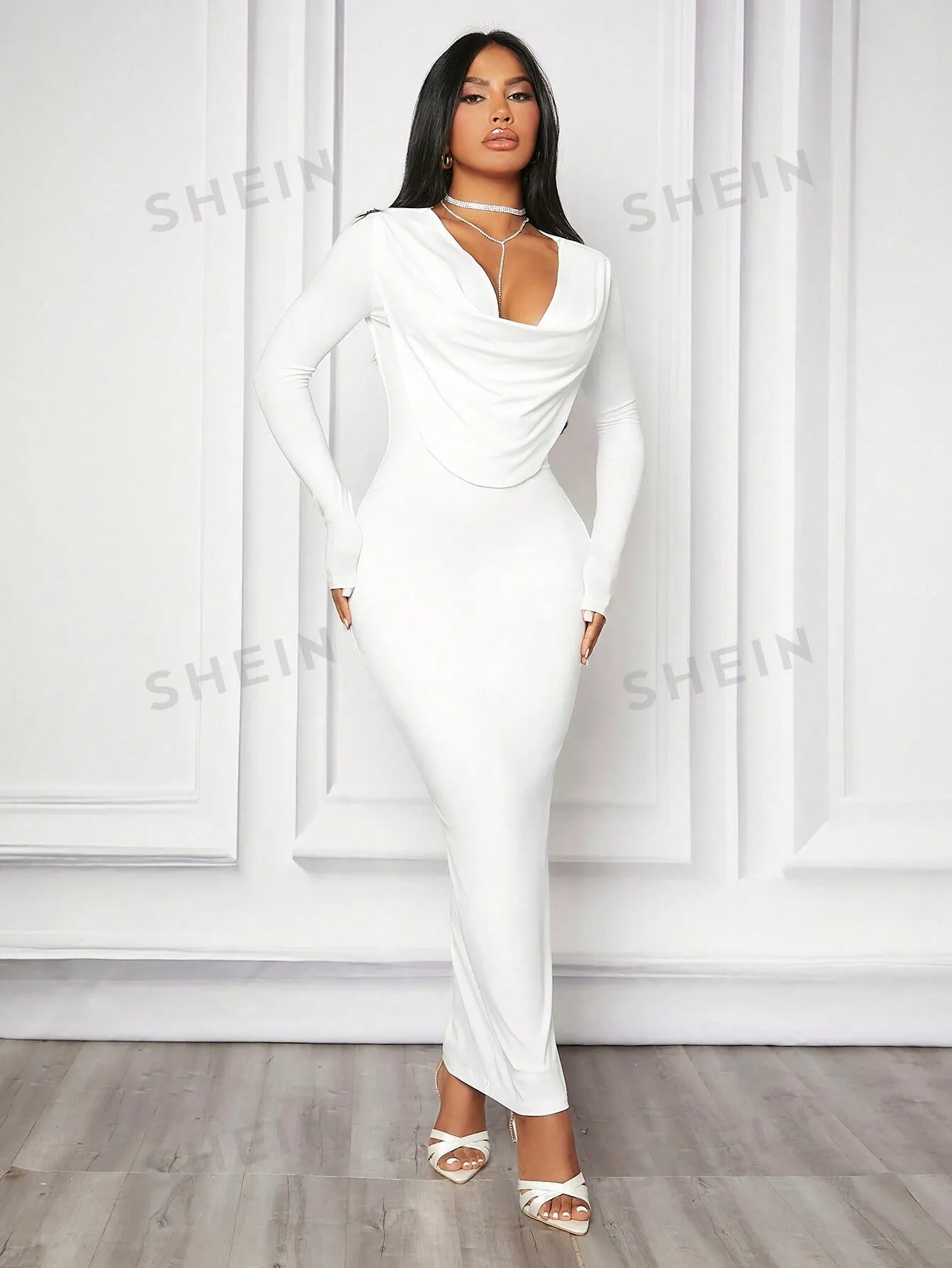 Off-Shoulder Super Stretchy Bodycon Long Sleeve Dress With Flounce Neckline