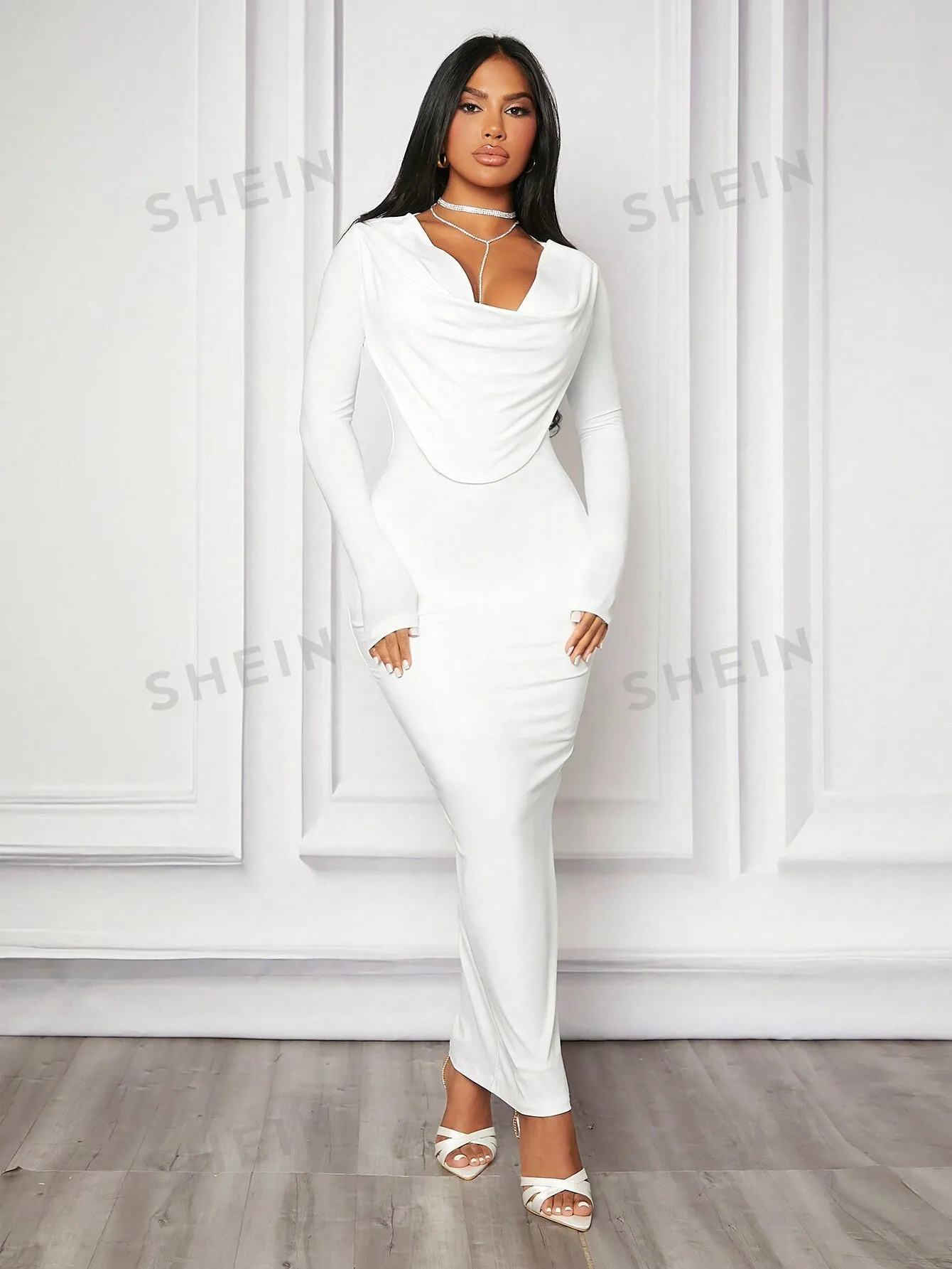 Off-Shoulder Super Stretchy Bodycon Long Sleeve Dress With Flounce Neckline