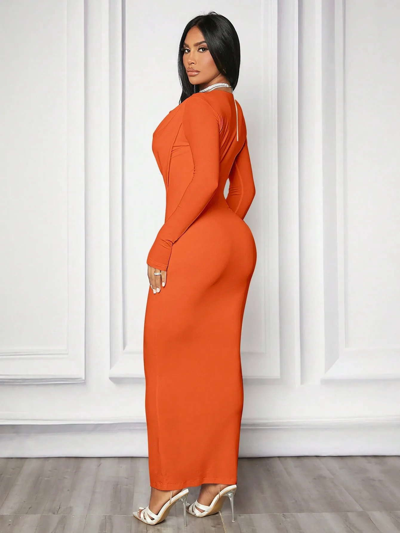 Off-Shoulder Super Stretchy Bodycon Long Sleeve Dress With Flounce Neckline