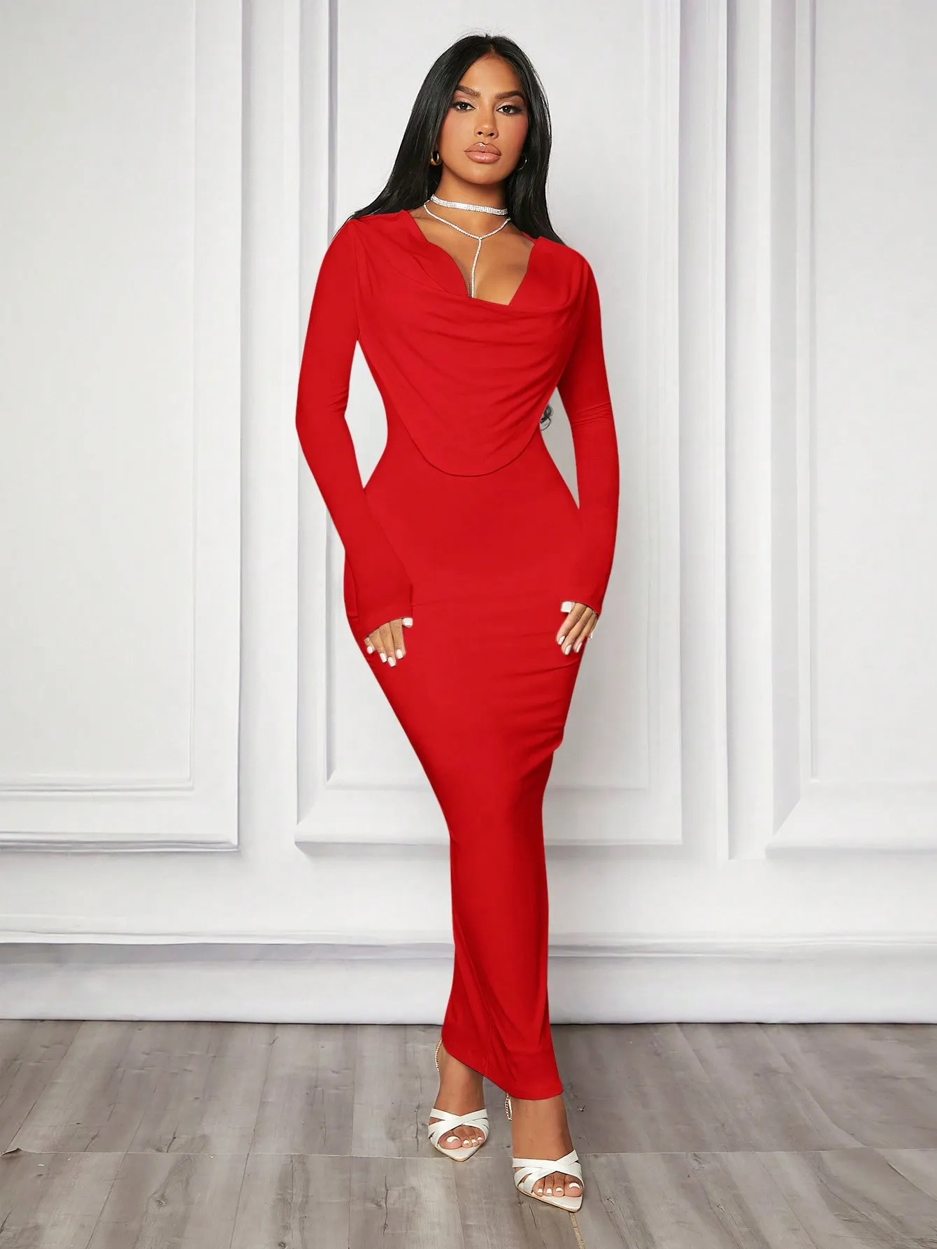 Off-Shoulder Super Stretchy Bodycon Long Sleeve Dress With Flounce Neckline