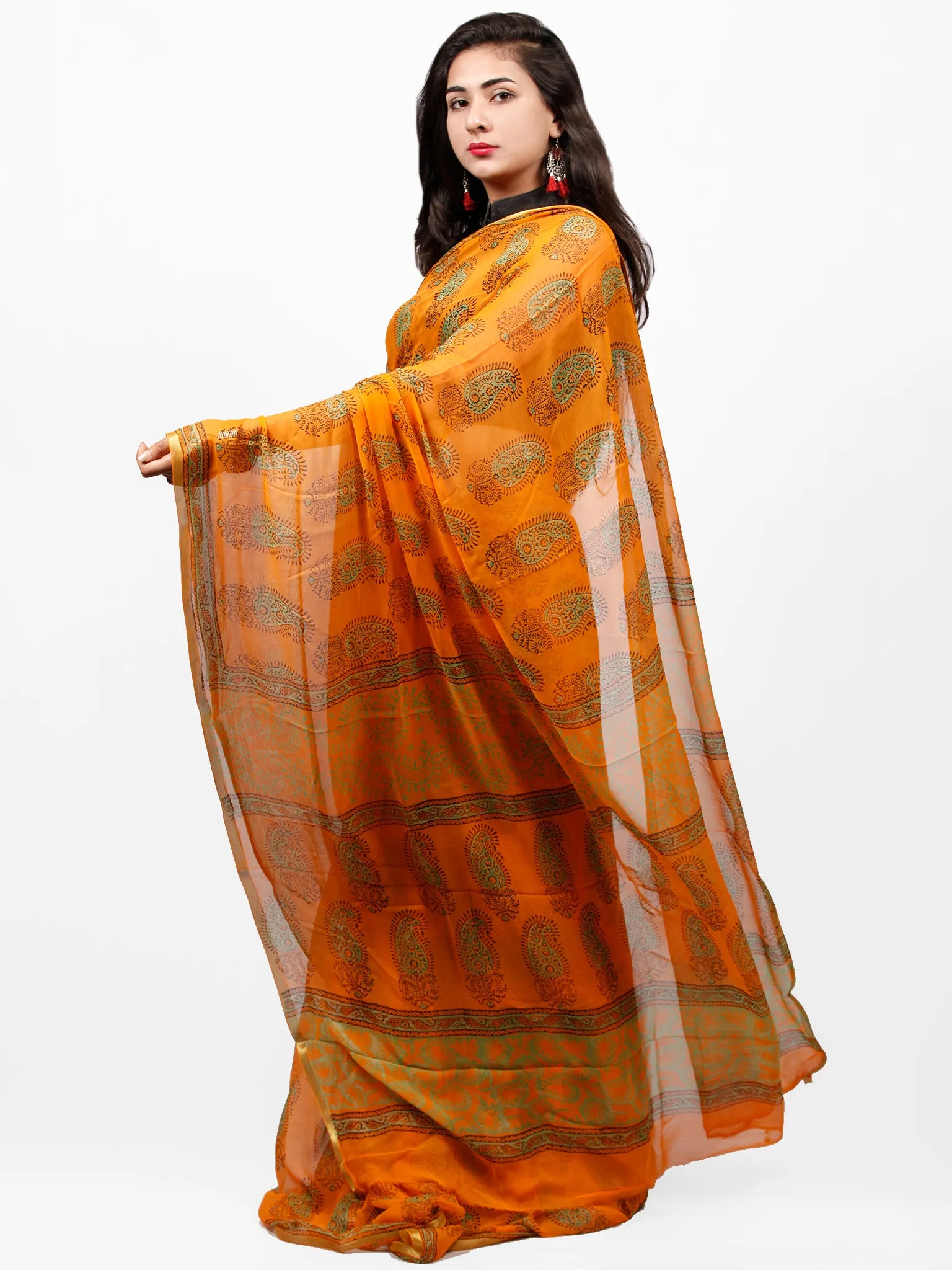 Orange Green Hand Block Printed Chiffon Saree with Zari Border - S031703297