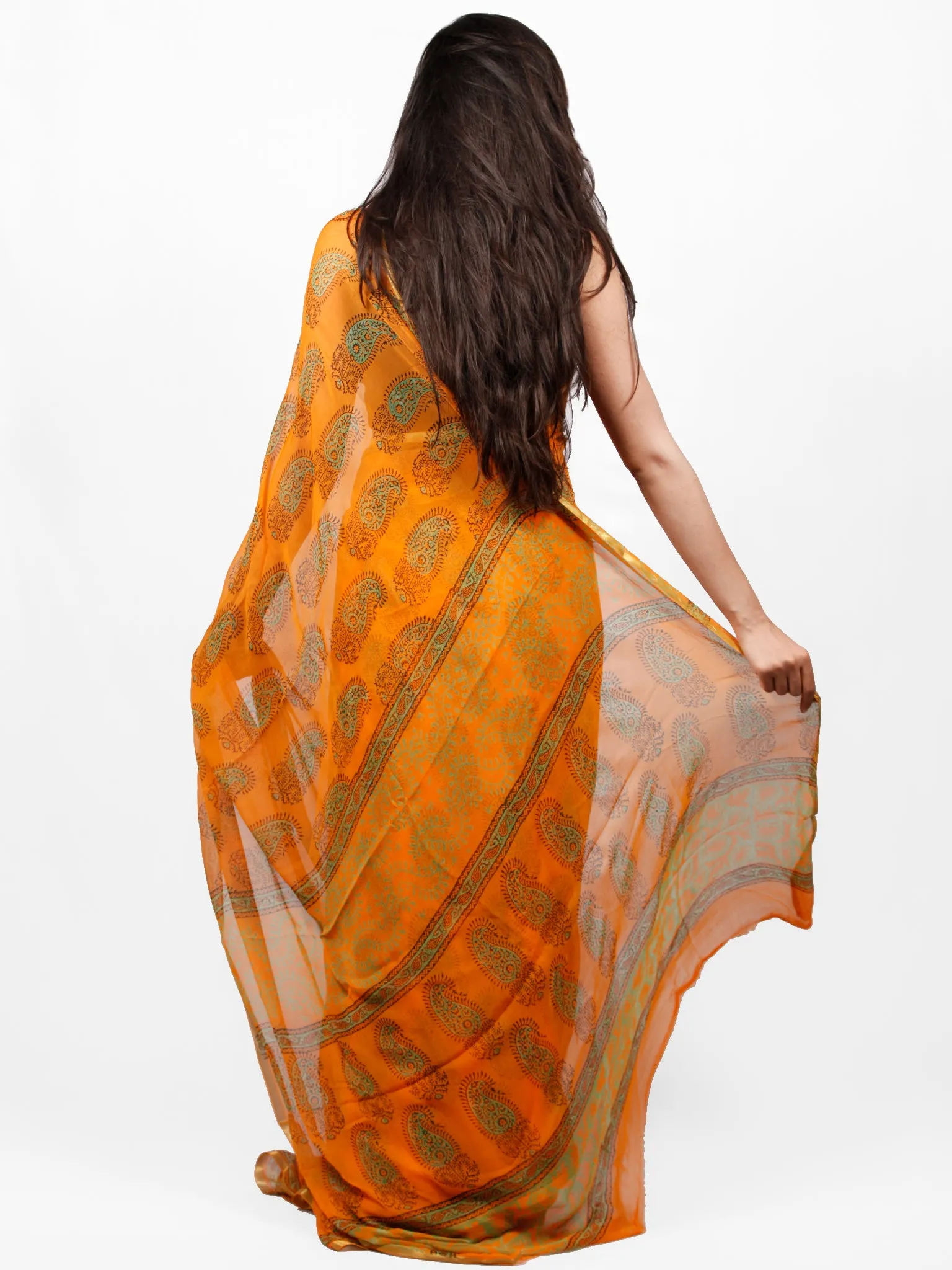 Orange Green Hand Block Printed Chiffon Saree with Zari Border - S031703297