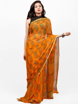 Orange Green Hand Block Printed Chiffon Saree with Zari Border - S031703297