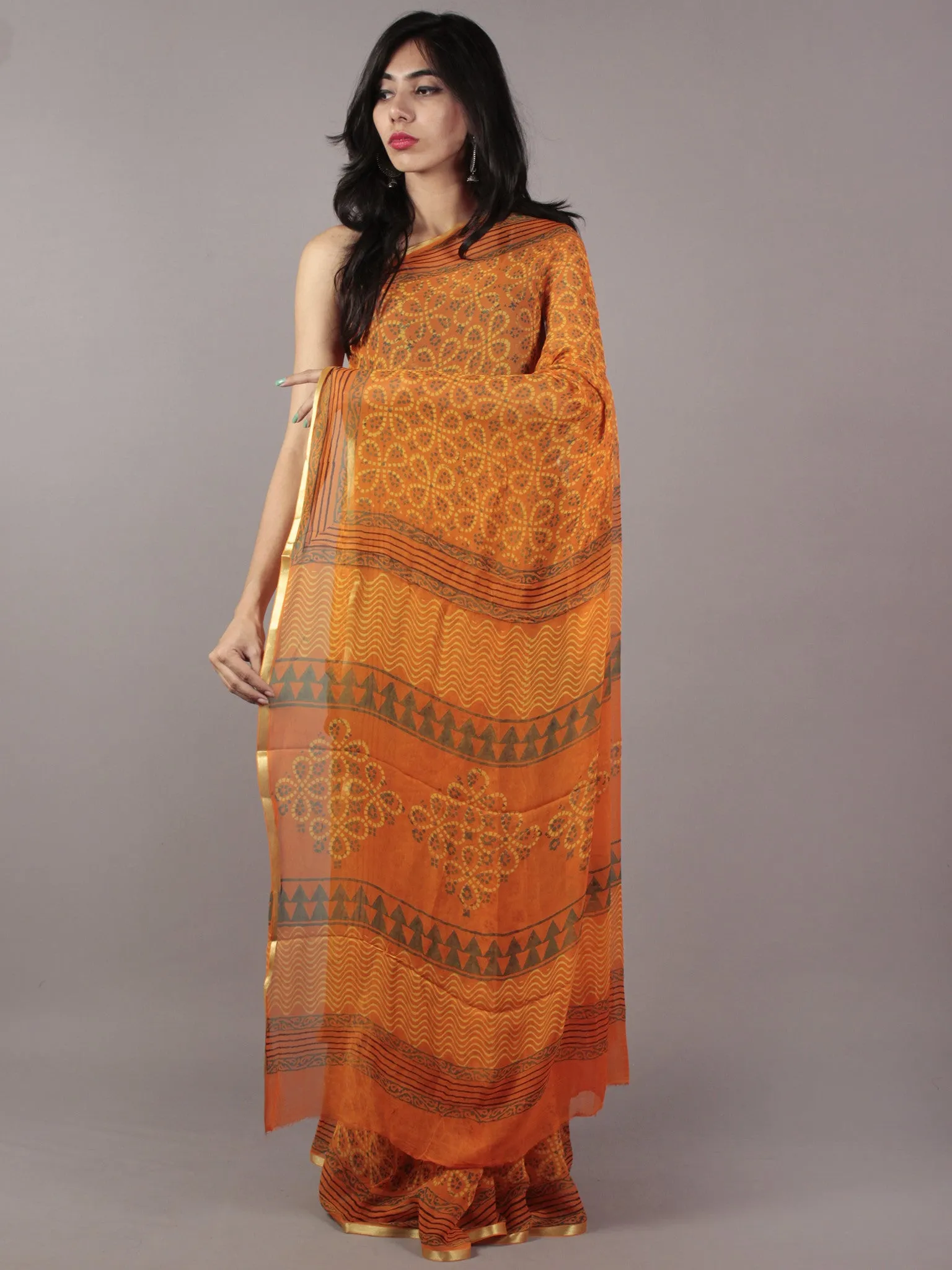 Orange Yellow Green Black Hand Block Printed Chiffon Saree - S031701833