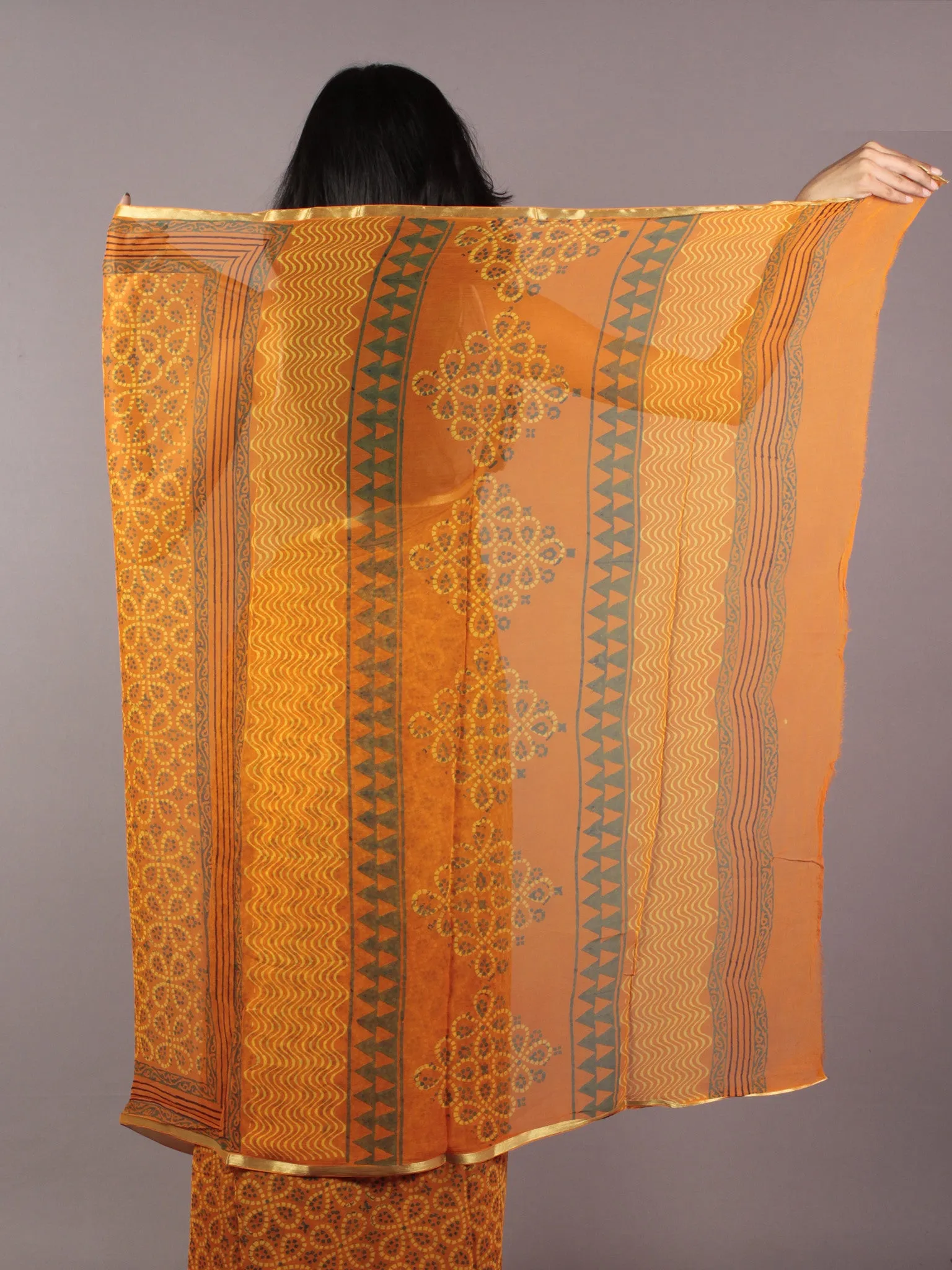 Orange Yellow Green Black Hand Block Printed Chiffon Saree - S031701833