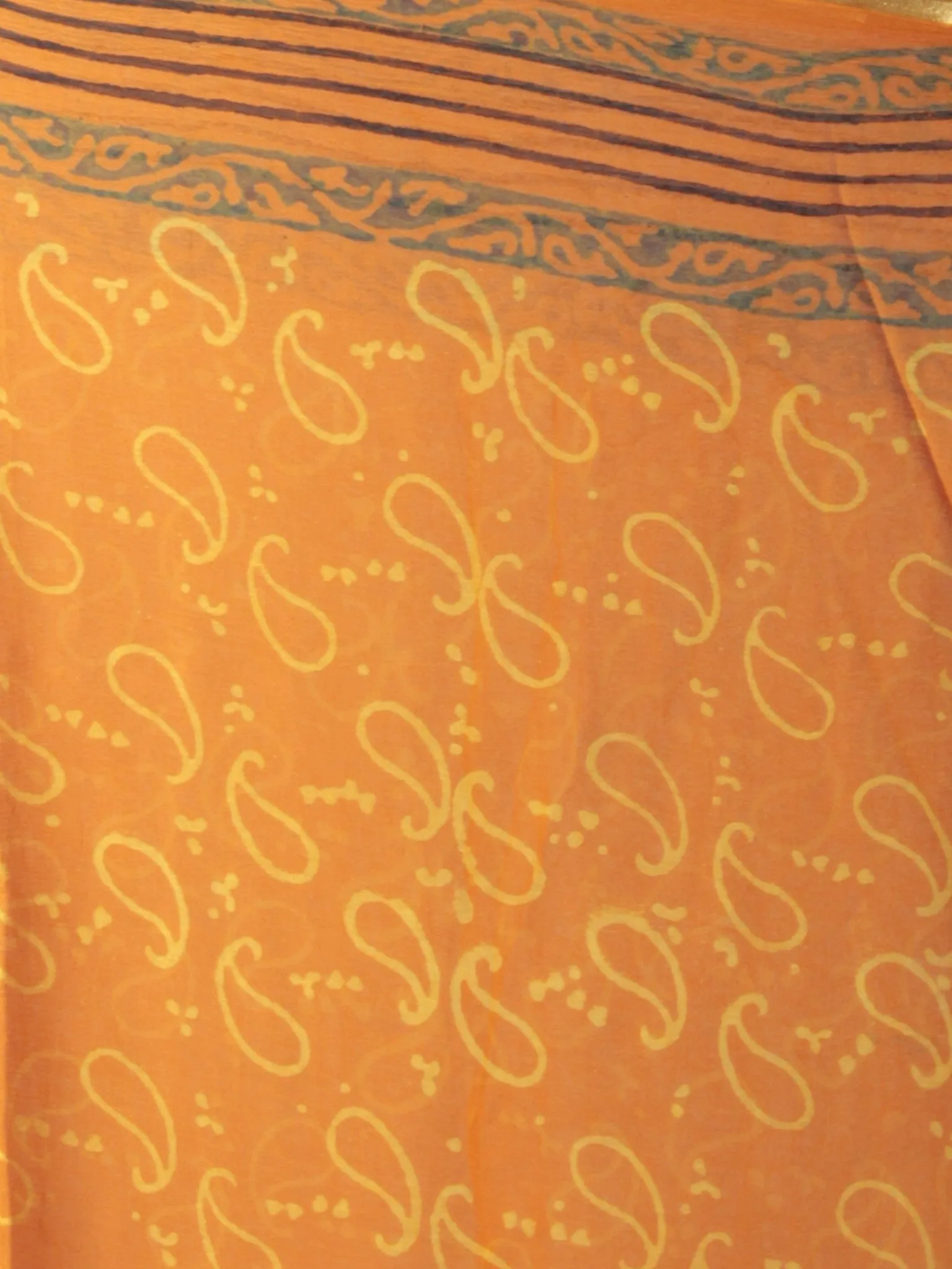 Orange Yellow Green Black Hand Block Printed Chiffon Saree - S031701833