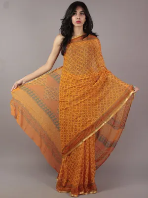 Orange Yellow Green Black Hand Block Printed Chiffon Saree - S031701833