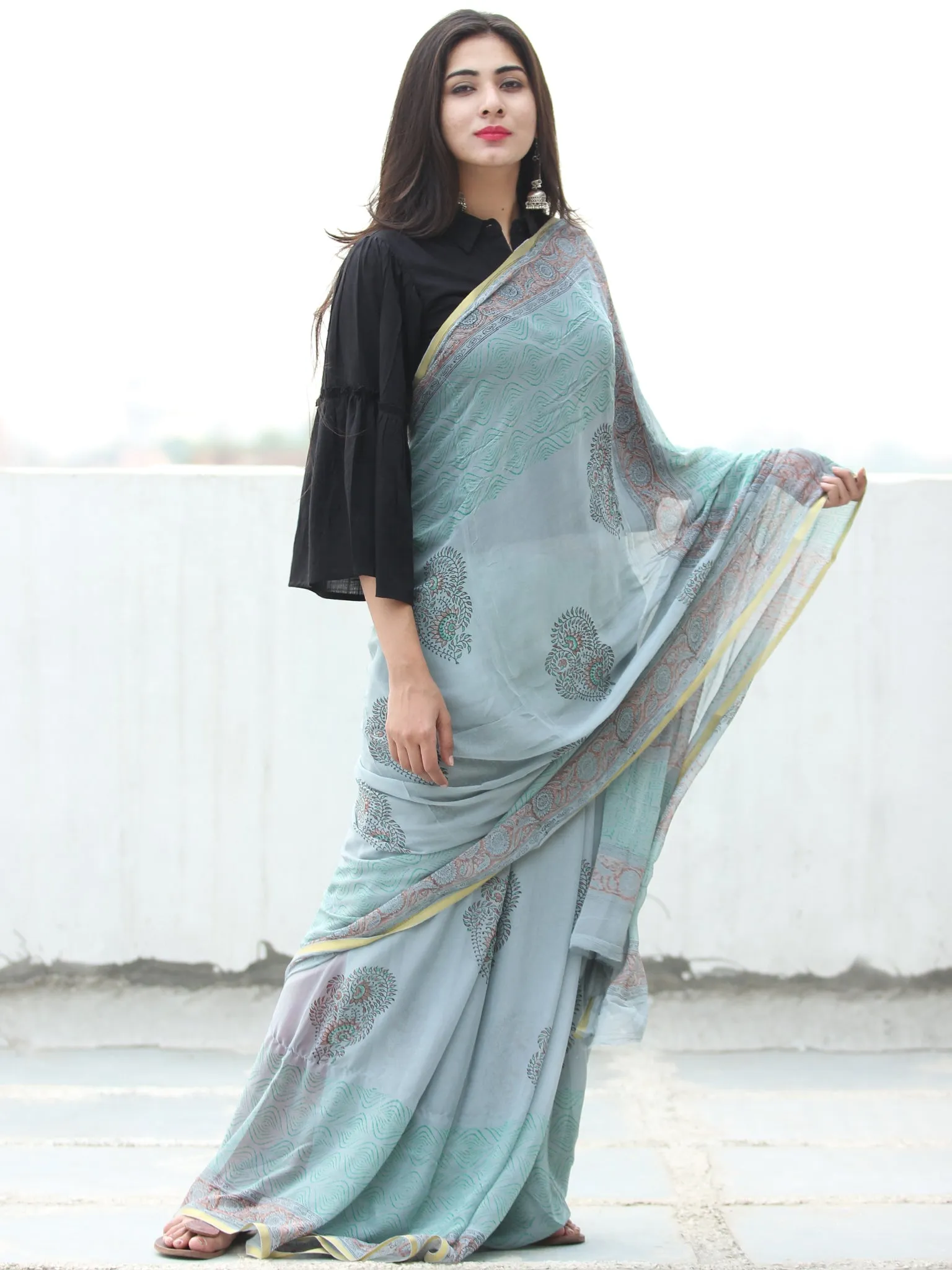 Pastel Blue Green Hand Block Printed Chiffon Saree with Zari Border - S031703949