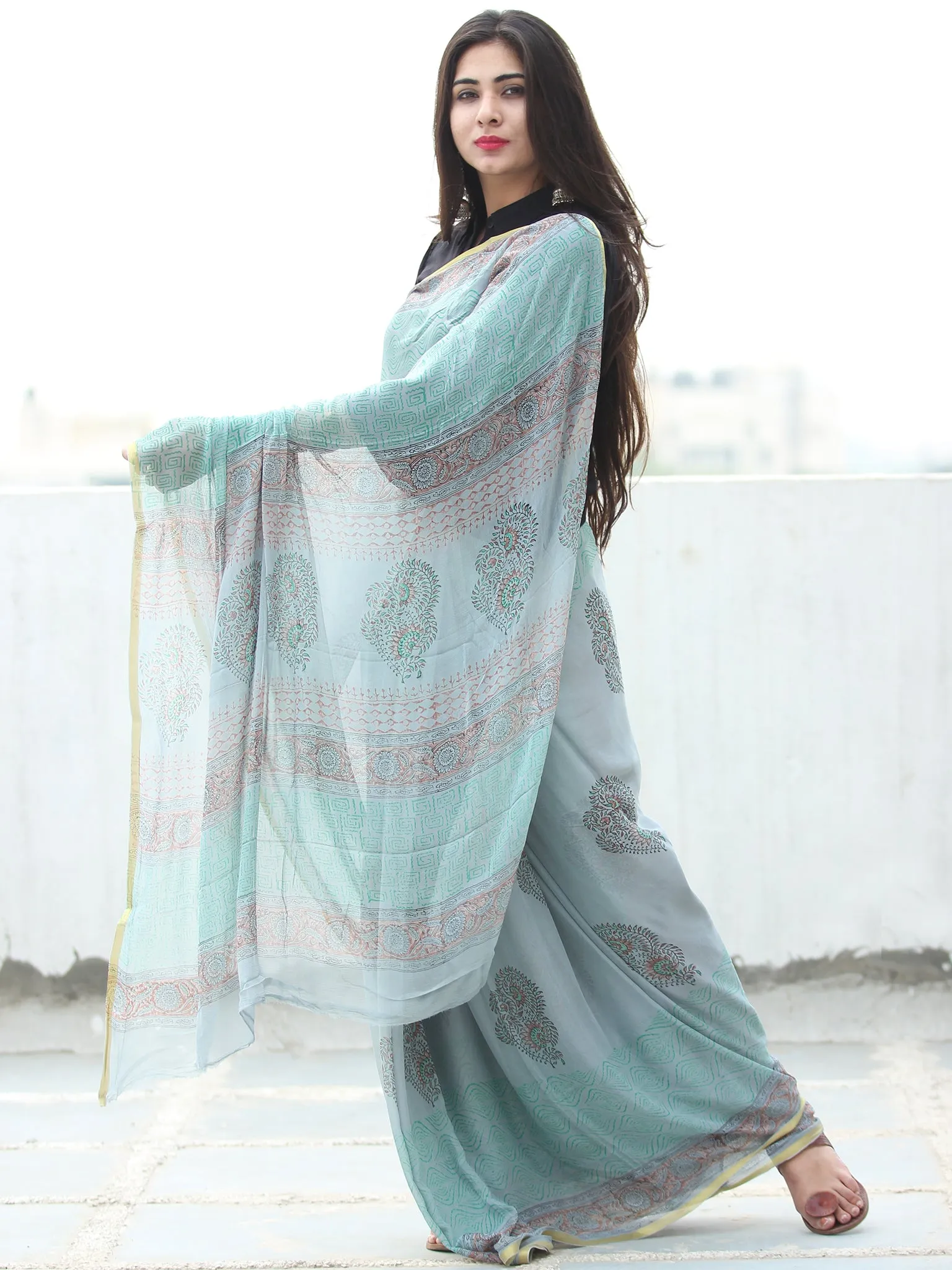 Pastel Blue Green Hand Block Printed Chiffon Saree with Zari Border - S031703949