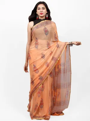 Peach Coral  Hand Block Printed Chiffon Saree with Zari Border - S031703285