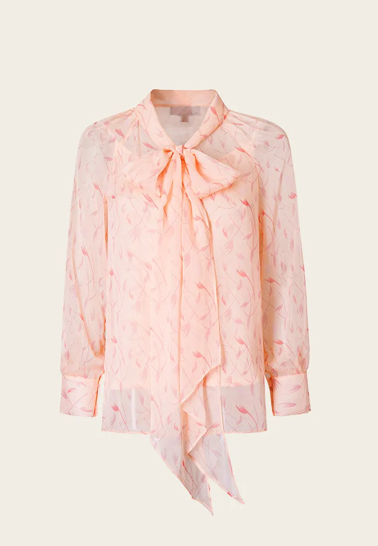 Peach Pussy-bow Sage Pattern Chiffon Blouse