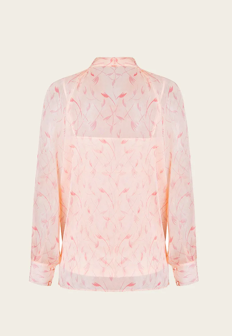 Peach Pussy-bow Sage Pattern Chiffon Blouse