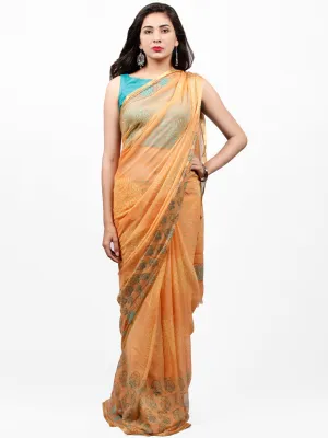 Peach Yellow Green Hand Block Printed Chiffon Saree with Zari Border - S031703278