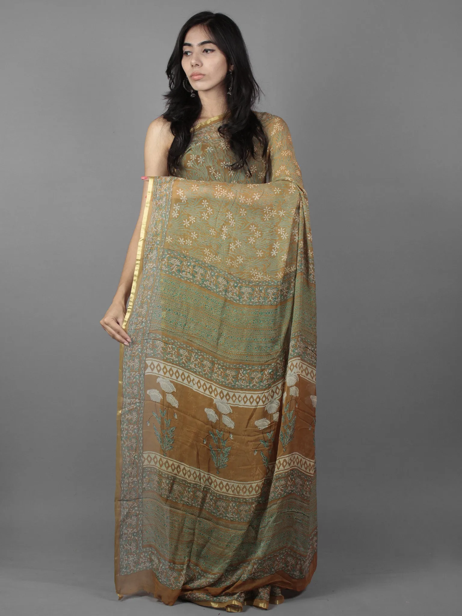 Peanut Brown Teal Green Ivory Hand Block Printed Chiffon Saree - S031701896