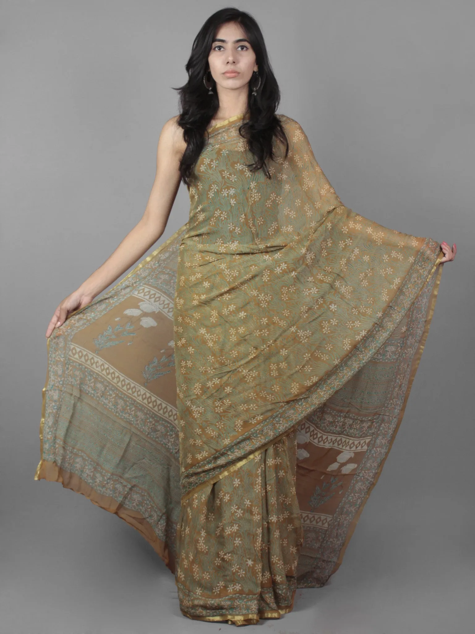 Peanut Brown Teal Green Ivory Hand Block Printed Chiffon Saree - S031701896