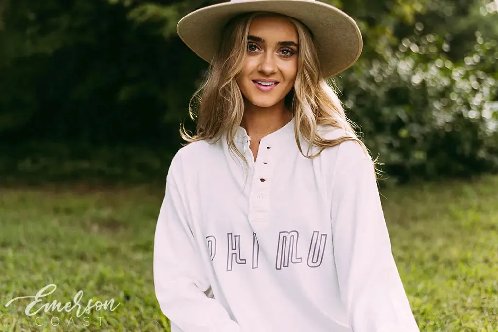 Phi Mu White Long Sleeve Henley