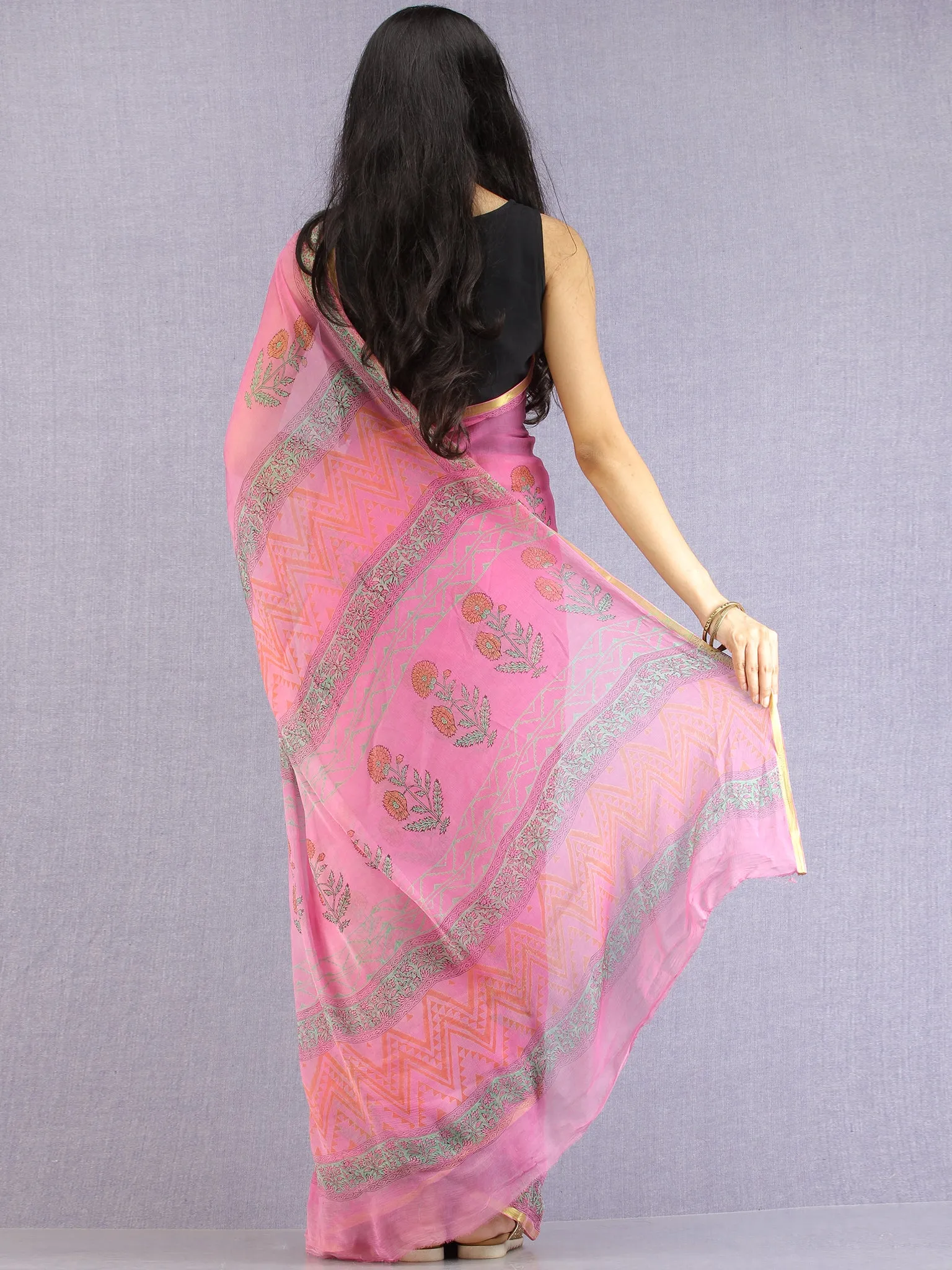 Pink Green Yellow Hand Block Printed Chiffon Saree with Zari Border - S031704618