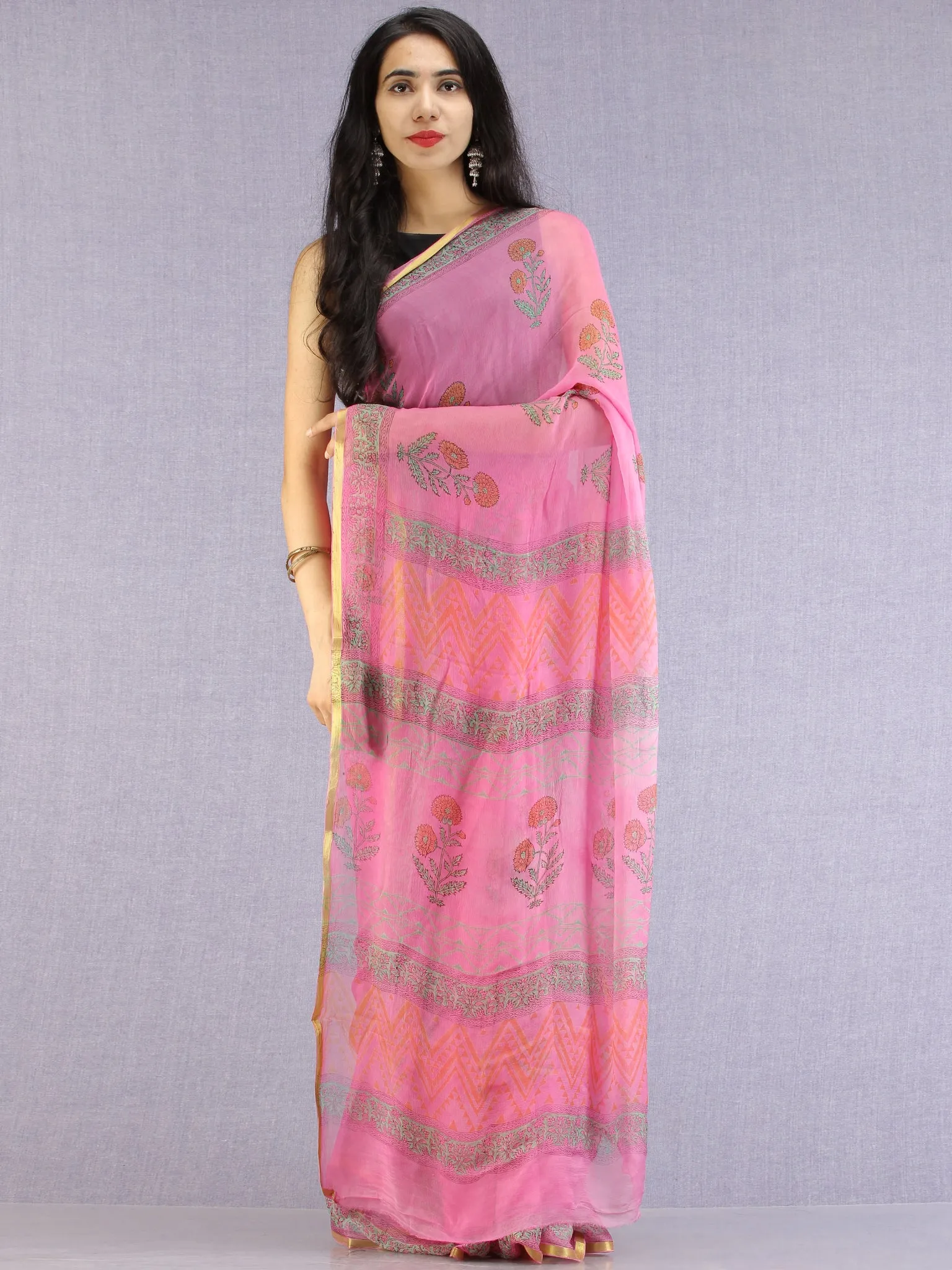 Pink Green Yellow Hand Block Printed Chiffon Saree with Zari Border - S031704618