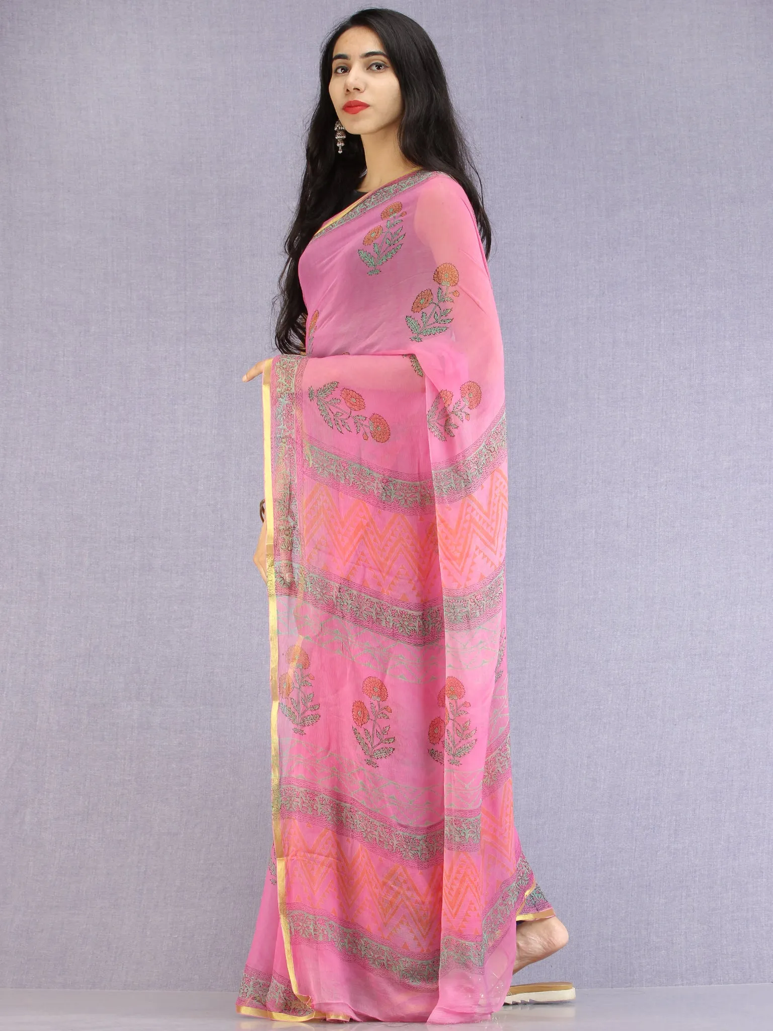 Pink Green Yellow Hand Block Printed Chiffon Saree with Zari Border - S031704618