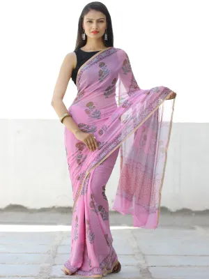 Pink Mustard Green Hand Block Printed Chiffon Saree with Zari Border - S031703961