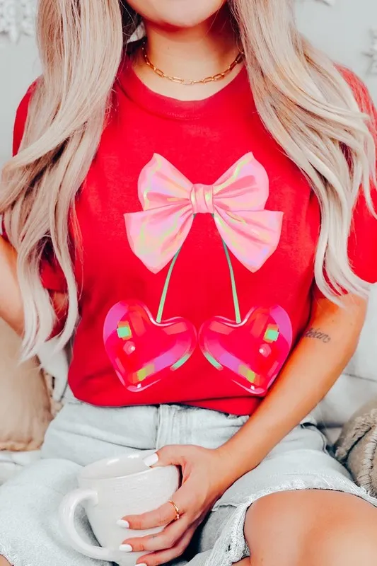 Plus Cherry Pink Bow Soft Girl Era Graphic T Shirt