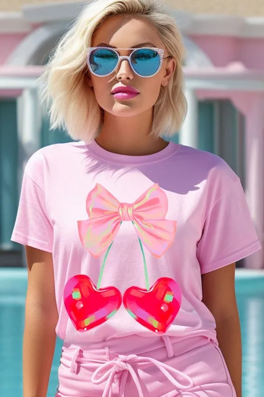 Plus Cherry Pink Bow Soft Girl Era Graphic T Shirt