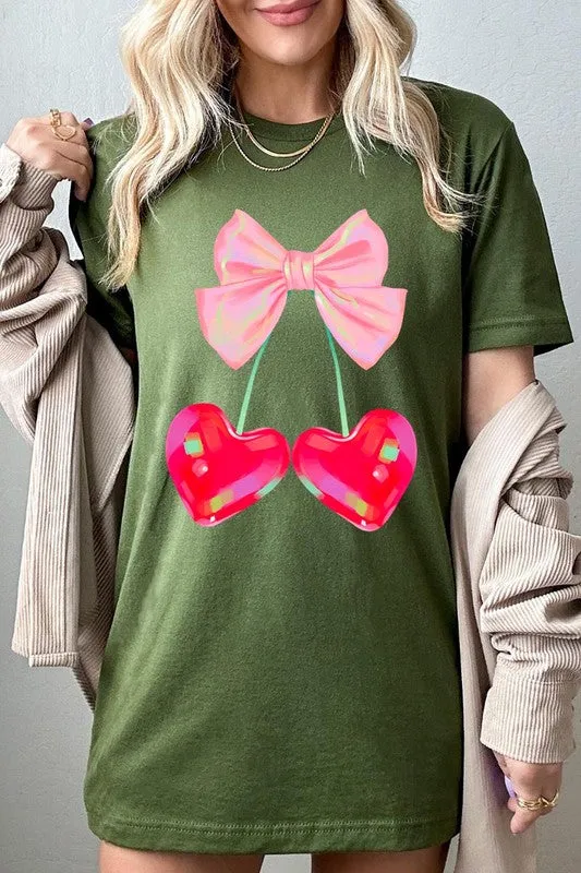 Plus Cherry Pink Bow Soft Girl Era Graphic T Shirt