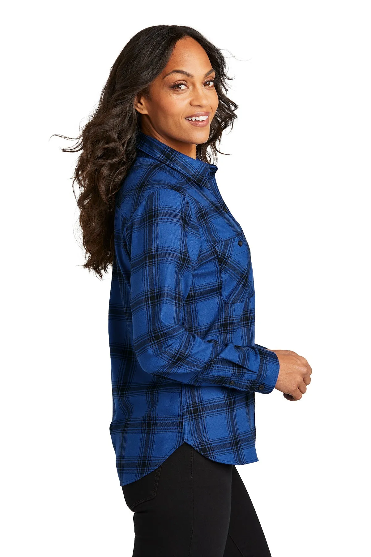 Port Authority Ladies Customized Plaid Flannel Shirts, Royal/ Black Open Plaid