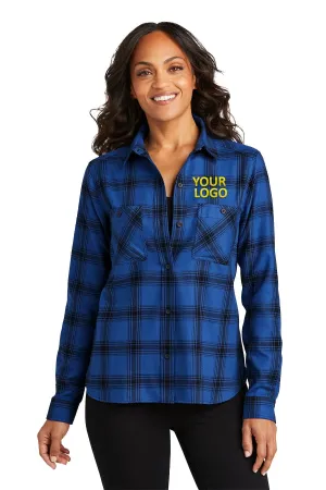 Port Authority Ladies Customized Plaid Flannel Shirts, Royal/ Black Open Plaid