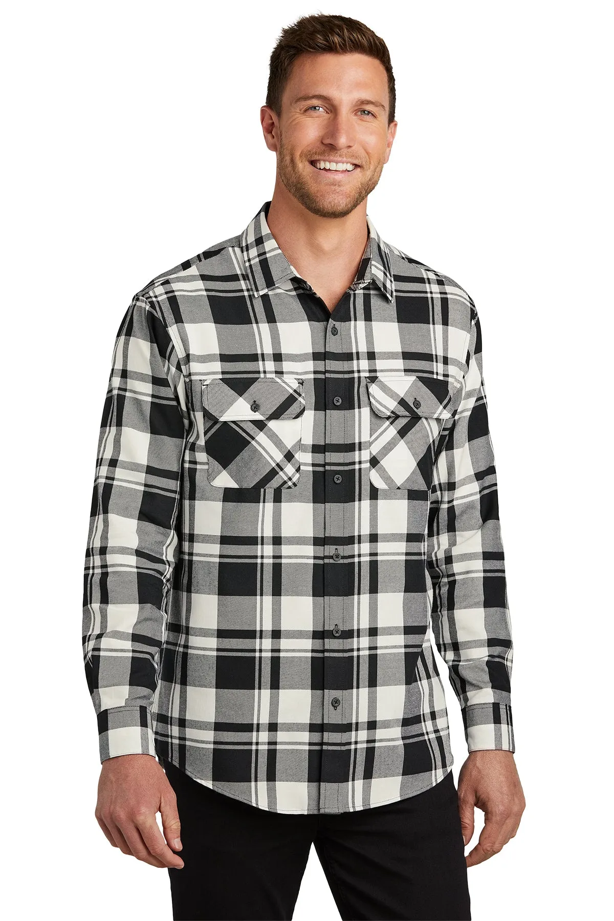 Port Authority Plaid Flannel Customized Shirts, Snow White/ Black