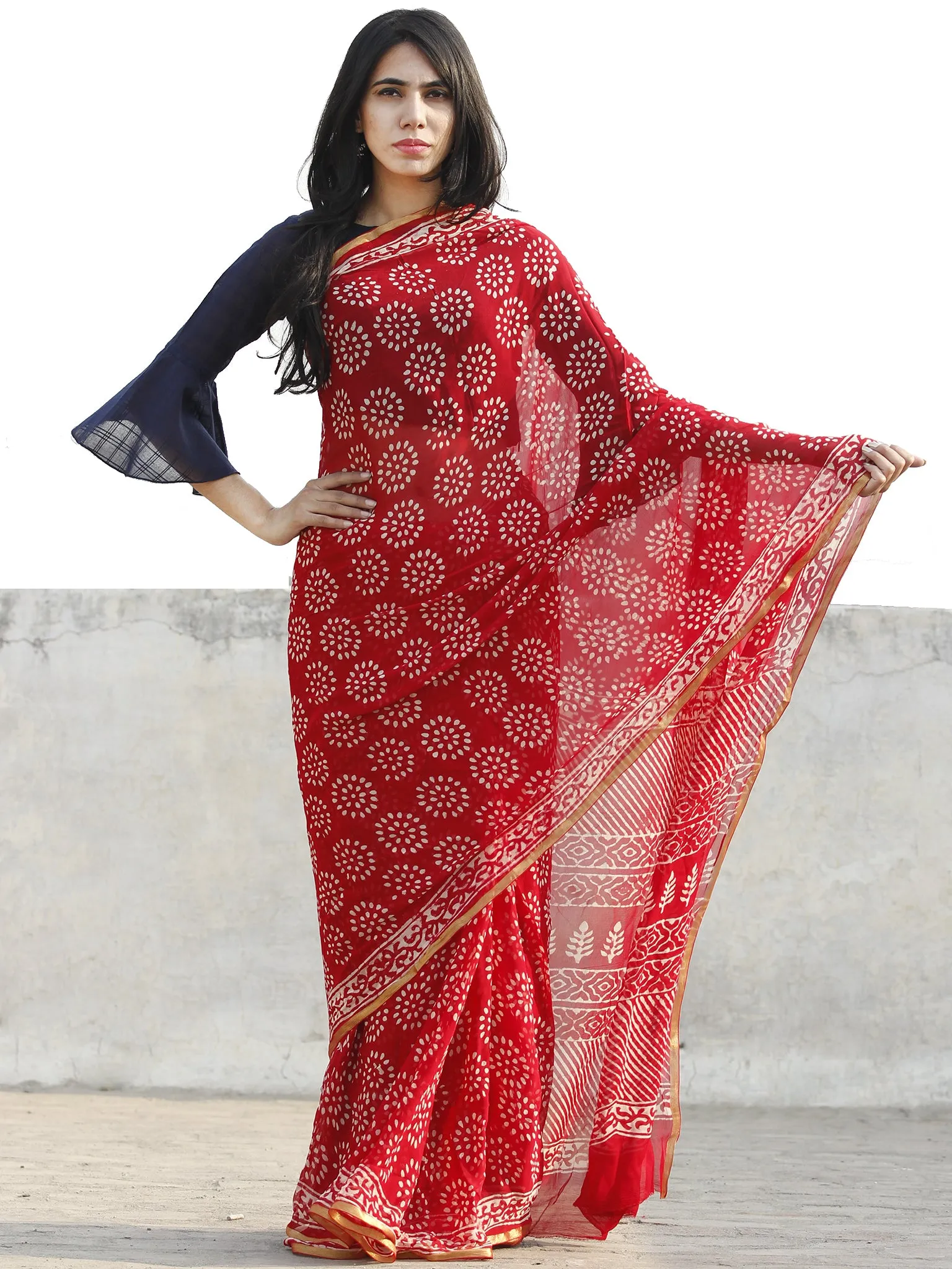 Red and White  Hand Block Printed Chiffon Saree with Zari border- S031702701