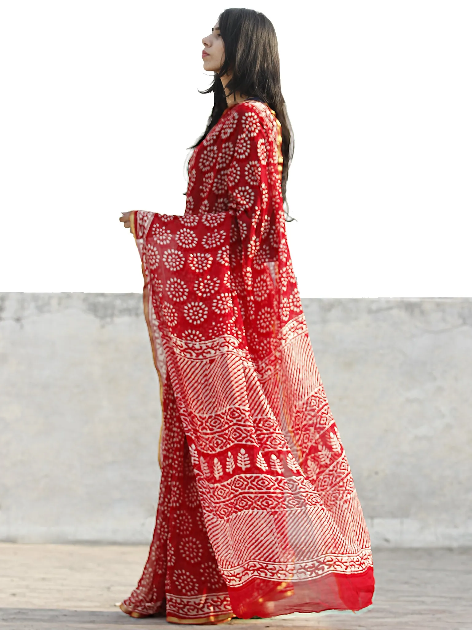 Red and White  Hand Block Printed Chiffon Saree with Zari border- S031702701