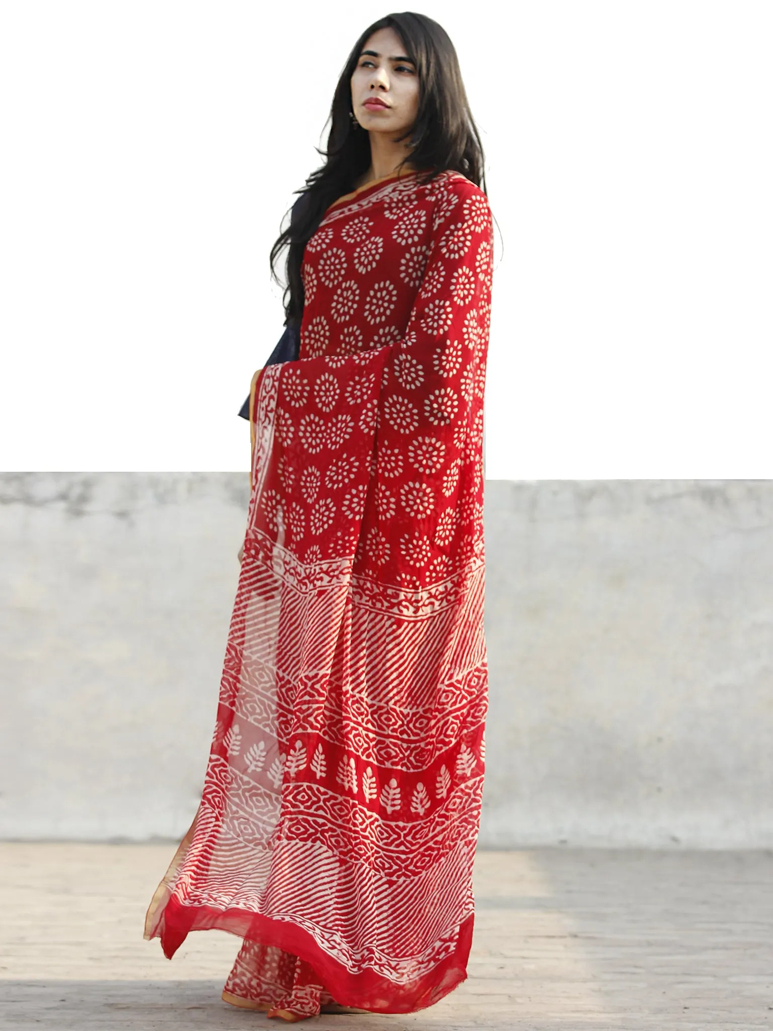 Red and White  Hand Block Printed Chiffon Saree with Zari border- S031702701