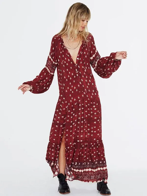 Red Bohemia Split-side Printed Maxi Dresses