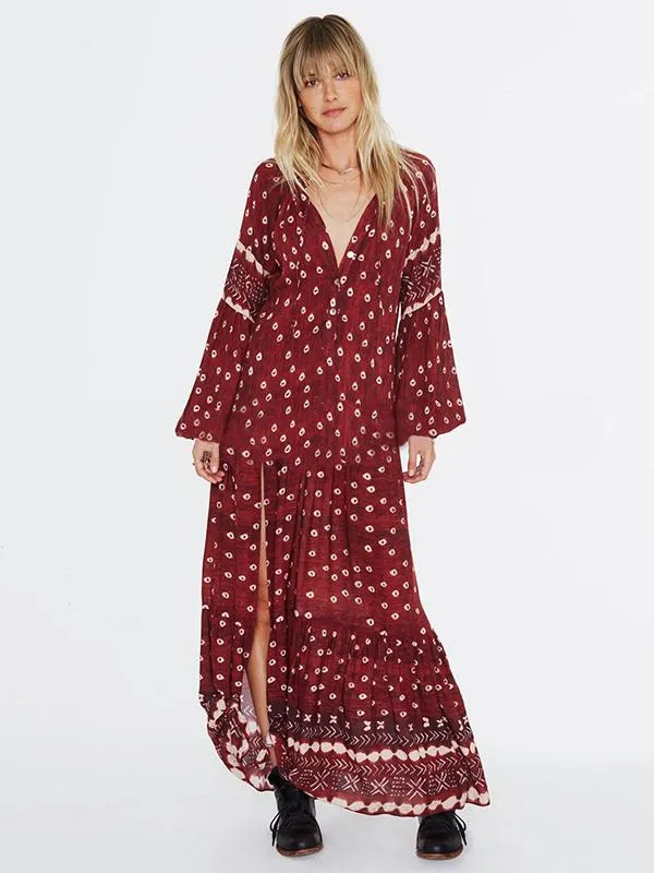 Red Bohemia Split-side Printed Maxi Dresses